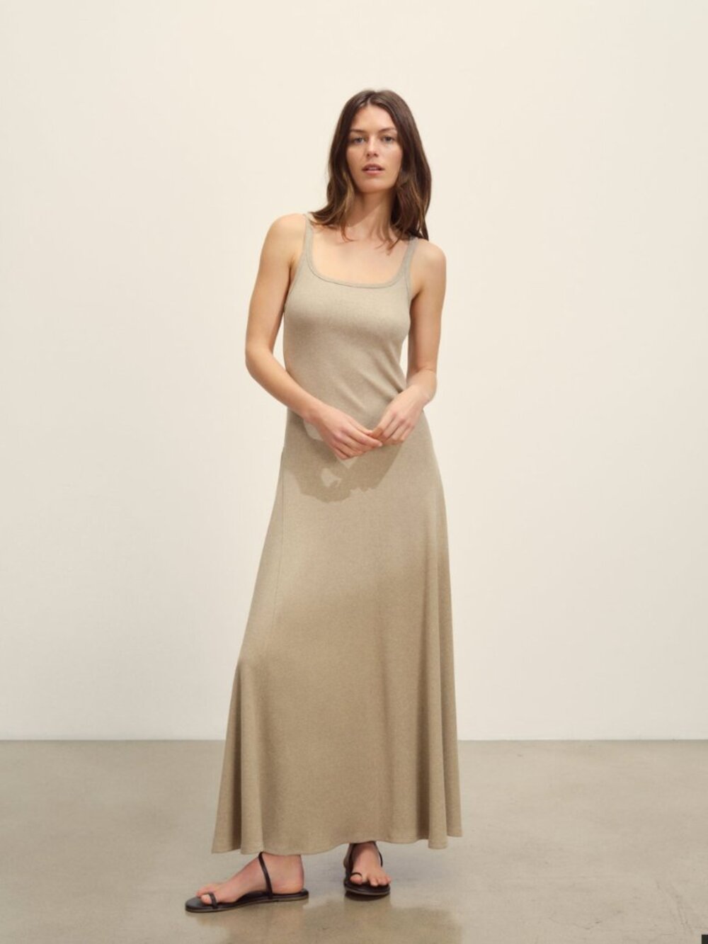 Buck Mason Surplus Rib Scoop Neck Midi Dress Neutral Heather Oatmeal XS $118
